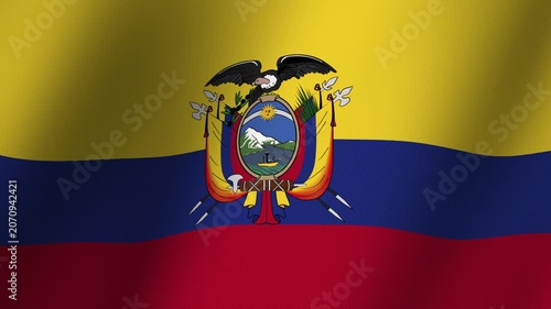 Ecuador Flag Waving: A vibrant Ecuadorian flag with its iconic golden, blue, and red stripes and coat of arms waves majestically in the wind, symbolizing national pride and heritage.