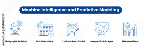 Machine Intelligence and Predictive Modeling. Icons included: Predictive Analytics Bot, Holographic Assistant, Task Scheduler AI, AI Powered Chart, Holographic Data Agent.