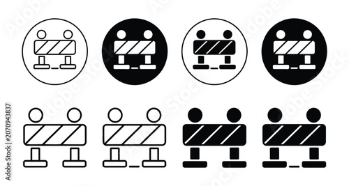 Photography Roadblock icon in black and white, flat traffic barrier symbol for transportation warning signage, web interface, mobile applications and safety design