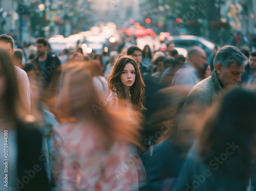 Young woman standing still, blurred busy city crowd, pensive urban isolation