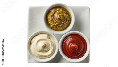 Foto Isolated three small bowls of creamy mayonnaise, tangy ketchup, and whole grain