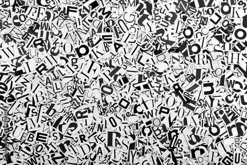 Pile of many black and white letters from newspapers and magazines. Typography background composition