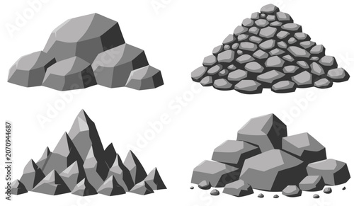 Bild auf Leinwand Various piles of grey stones and rocks on a white background during a bright stu