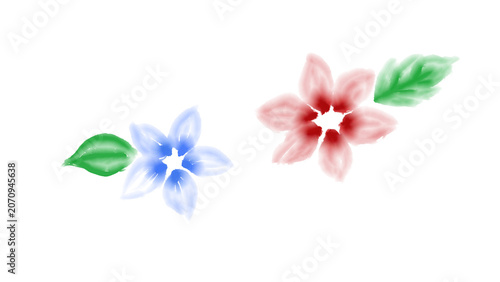 Soft watercolor flowers: blue and red blossoms with green leaves, a delicate floral illustration isolated on white. Simple spring design.