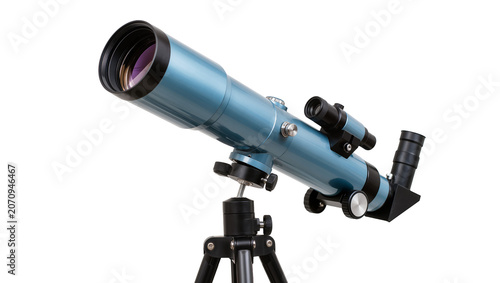 Tableau sur toile Isolated blue amateur refractor telescope on a black tripod for stargazing and astronomy hobbies