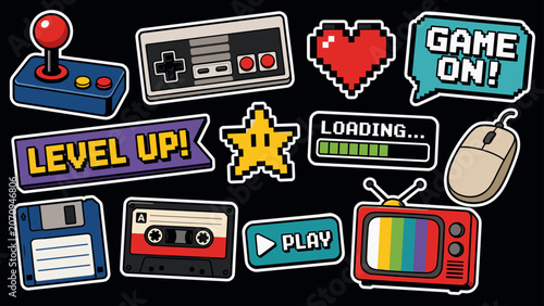Colorful retro gaming stickers and icons for enthusiasts