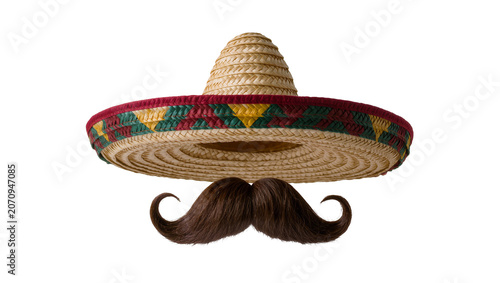 Cuadro en lienzo Isolated traditional Mexican sombrero with vibrant patterned band and a funny curly mustache
