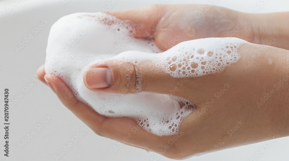 Fototapeta premium Woman washes hands with soap foam and water bubbles. Close up of clean hands, hygiene concept for health and germ prevention. Washing process for a pure, safe body.