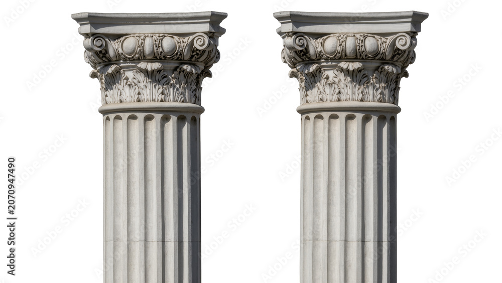 Obraz premium Isolated classic stone columns with ornate capitals and fluted shafts, architectural element