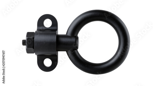 Isolated sturdy black metal O-ring with bolted mounting bracket for industrial securement