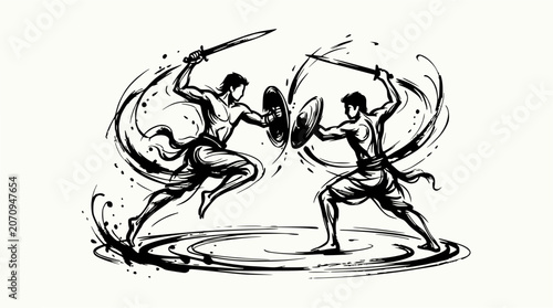 Canvastavla Kalaripayattu warriors in dynamic sword combat.