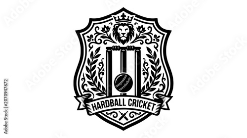 Ornate hardball cricket crest with lion and shield.