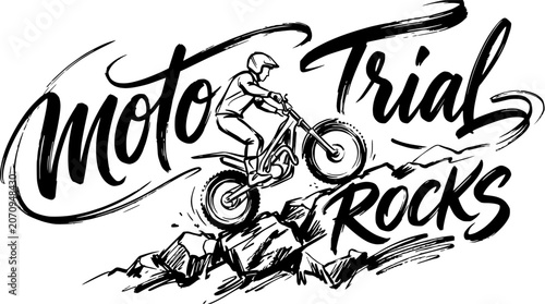 Φωτογραφία Moto trial rocks calligraphic logo with motorcyclist