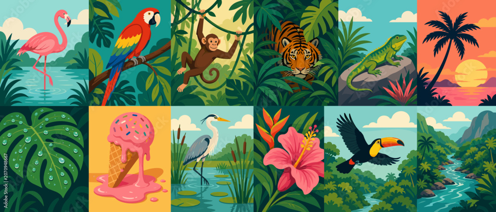 Fototapeta premium Vibrant jungle collage featuring exotic animals, tropical plants, and scenic landscapes
