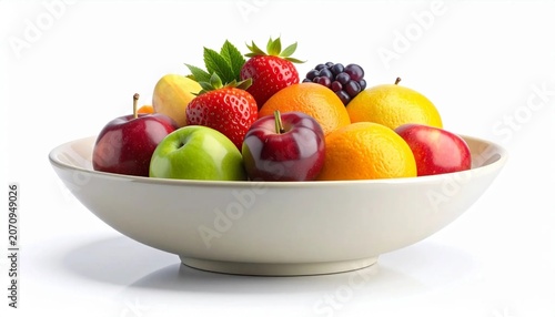 3D shallow bowl holding mixed whole fruits icon isolated on white back