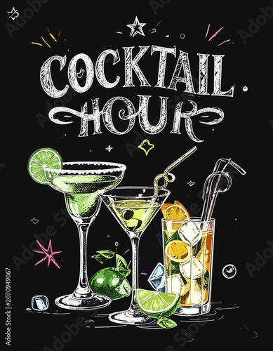  Selección de cócteles elegantes con lima, hielo y frutas cítricas sobre fondo negro decorativo. Diseño sofisticado para menú de bar y eventos nocturnos.
