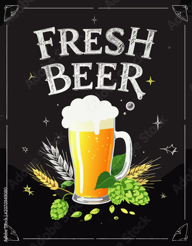  Jarra de cerveza dorada con espuma rodeada de ingredientes cerveceros tradicionales sobre fondo estilo pizarra. Concepto de promoción para bar y cervecería artesanal.
