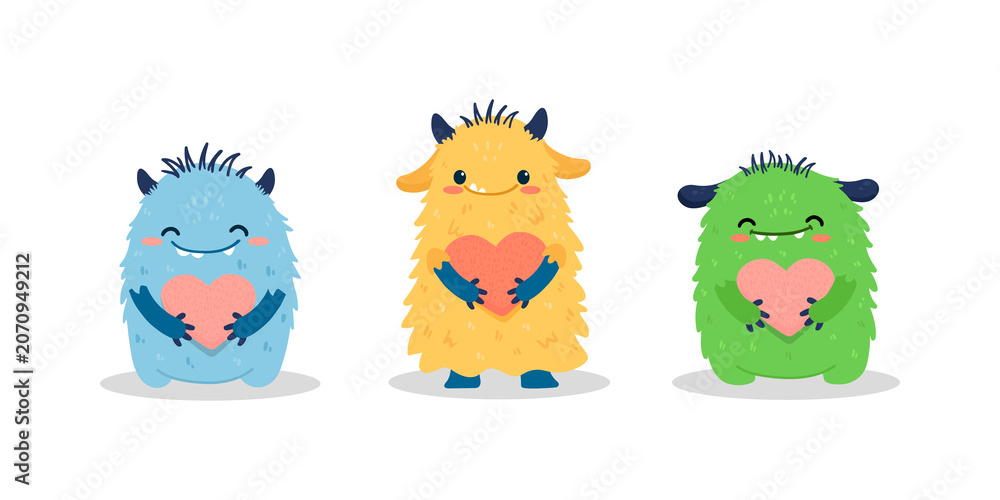 Fototapeta premium set of cute cartoon monsters with heart on white background. Happy Alien. Funny monsters in flat style. 
