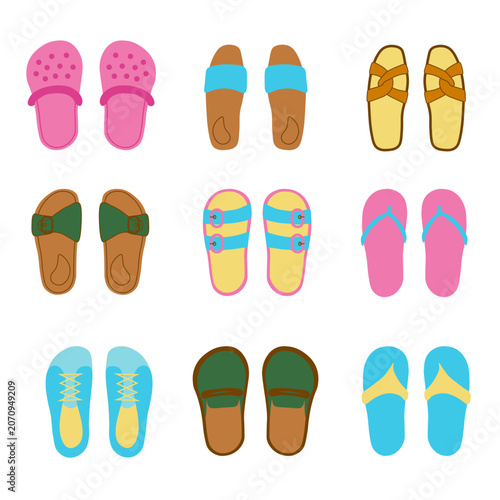 Collection of color hand drawn summer shoes and sandals. Minimalist flat vector illustration of flip flops, slippers, and beach footwear doodles for vacation design.