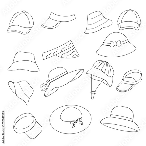 Vector set drawing of summer hats. Cartoon summer headgears. Headwear accessories hats types, beach straw, hat baseball, visor cap, panama, caps- set in flat style
