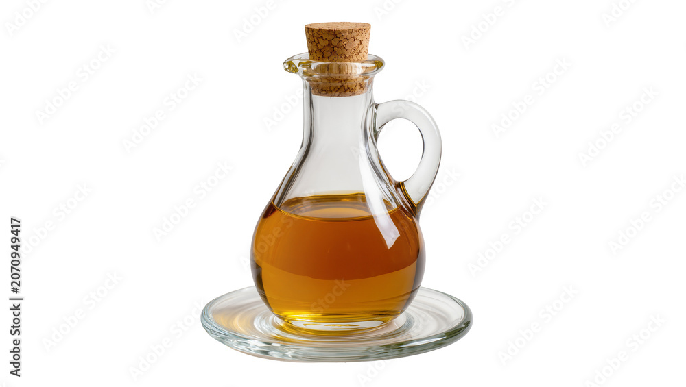 Εκτύπωση καμβά Isolated glass cruet with olive oil and cork stopper standing on a clear glass p