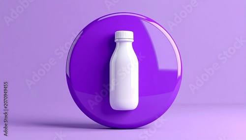 Glossy purple circular button with white smoothie bottle icon isolated