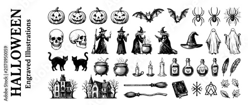 Engraved Halloween illustration set featuring spooky elements and whimsical designs for festive creativity