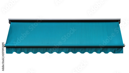 Isolated vibrant teal modern outdoor sunshade awning with decorative scalloped valance
