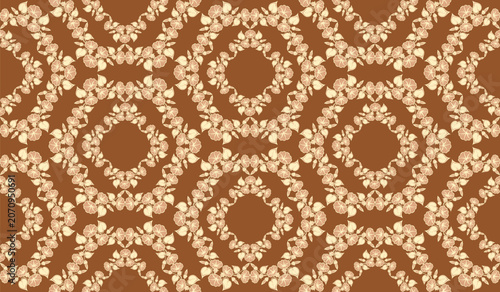 Seamless floral pattern in a honeycomb pattern. Wallpaper with morning glory and morning glory flowers in honey tones on a bright brown background. Vector illustration.
