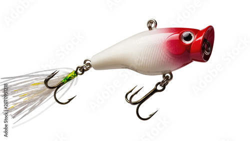фотографія Isolated vibrant red and white popper fishing lure with hooks for freshwater spo