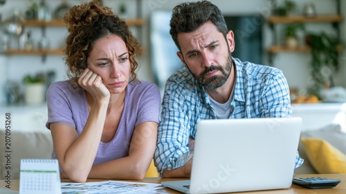 Worried couple looking at blank laptop screen for finance article and decision making banner background