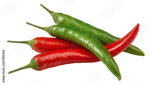 Isolated fresh hot red and green chili peppers with stems ready for cooking ingredient