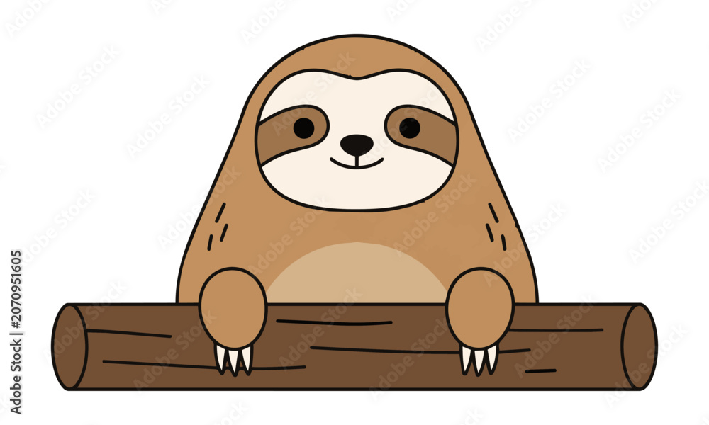 Fototapeta premium Minimalist sloth with a friendly smile peeking over a tree branch, featuring flat bold colors and simple geometric shapes isolated on a white background