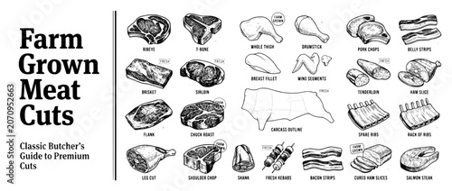 Discover intricate engraved illustrations of farm-grown meat cuts in a classic butcher's guide to premium selections