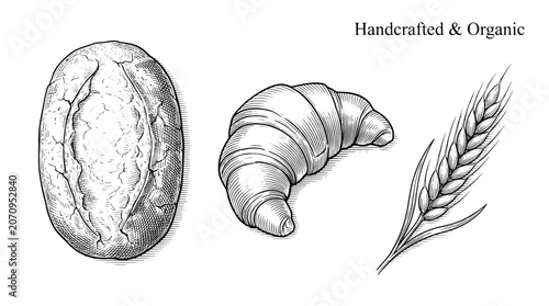 Foto Engraved illustration set of organic baked goods showcasing artisanal bread and