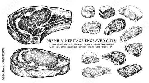 Engraved illustration set of premium heritage cuts showcasing artisanal meat craftsmanship and traditional techniques for connoisseurs