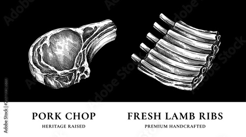 Bild auf Leinwand Simply exquisite engraved illustration set showcasing pork chop and fresh lamb r