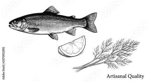 Engraved illustration of a fish with a slice of lemon and fresh dill showcasing artisanal craftsmanship and culinary art