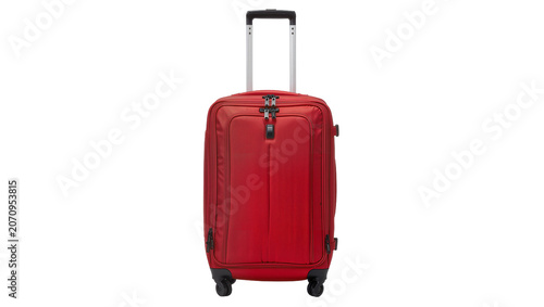 Isolated vibrant red fabric carry-on travel suitcase with extended handle and four wheels