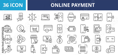 Online payment web banner icon set outline vector illustrations concept with icon technology, online, internet, payment, banking, finance, business