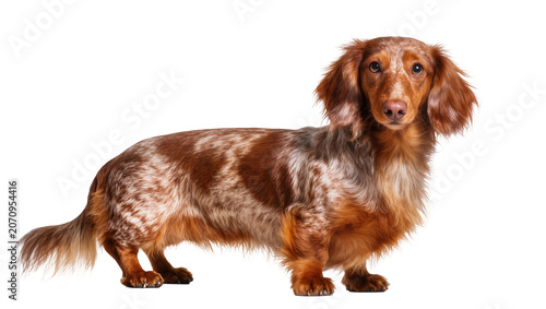 Fotografie Isolated beautiful long-haired brown dapple dachshund dog standing, studio shot