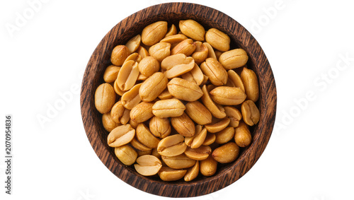 Foto Isolated delicious roasted salted peanuts in dark textured wooden bowl, savory healthy snack food