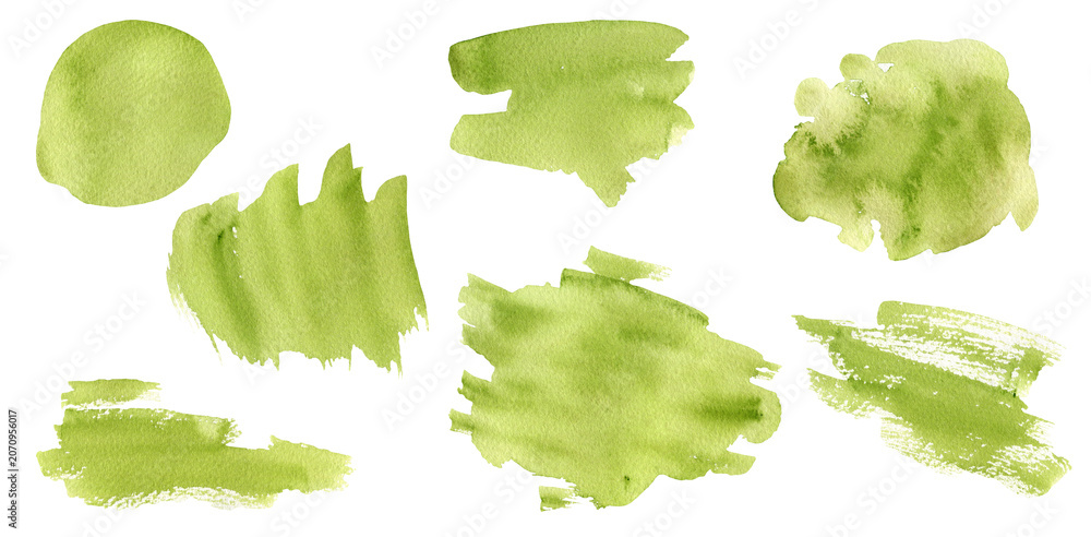 Naklejka premium Abstract grunge watercolor paint brush stroke textured olive green gradient background shapes. Bright watercolour nature color blob texture illustration for eco design, hand painting backdrop