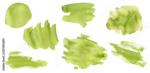 Abstract grunge watercolor paint brush stroke textured olive green gradient background shapes. Bright watercolour nature color blob texture illustration for eco design, hand painting backdrop