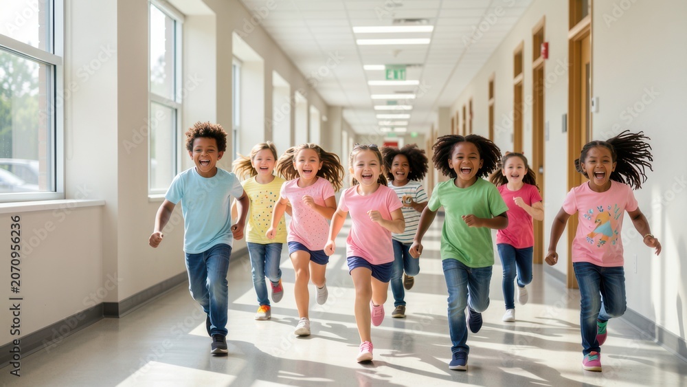 Obraz premium joyful diverse elementary students running in brightly lit modern school hallway with negative space for advertisement banner mockup