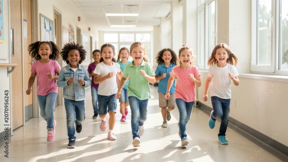 Obraz premium joyful diverse elementary students running in brightly lit modern school hallway with negative space for advertisement banner mockup