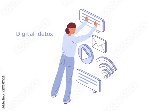 Girl pushing away social media, messages, Wi-Fi, video watching, comments. Isometric vector illustration for digital detox