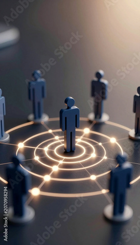 Leader figure standing at center of connected people network. Human resources management icon, team structure, leadership, referral program or target audience concept