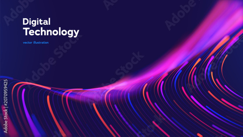 Digital Technology Background With Glowing Neon Data Streams, Futuristic Information Flow And Abstract Network Visualization On Dark Purple Backdrop. Digital Technologies. Vector Illustration.