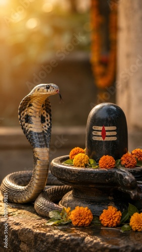 A decorative silver plate (thali) for the Hindu festival Nag Panchami, featuring an intricate silver snake idol, small bowls filled with milk and kumkum powder, and fresh yellow marigold flowers.